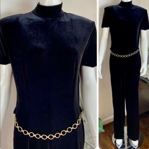 Vintage 90s Panache’Jumpsuit with attached belt size 8 black velvet. Great booty